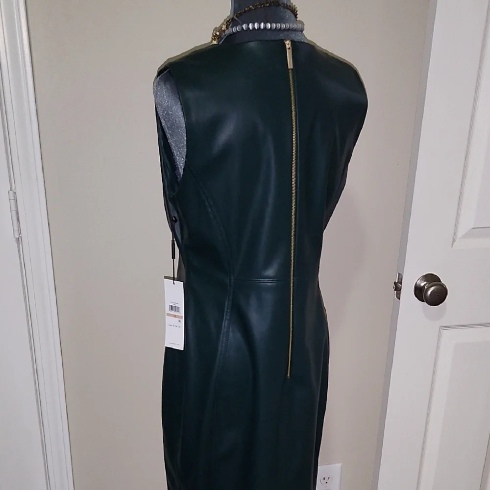 Calvin Klein Dark Forest Green Sleeveless Leather Dress - Picture 4 of 7